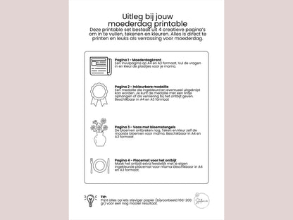 Moederdag Printable Knutselpakket – A3 en A4 formaat:  Krant, Medaille, Placemat & teken je eigen bloemen kleurplaat, pdf en png – Friese versie, Fryske ferzje