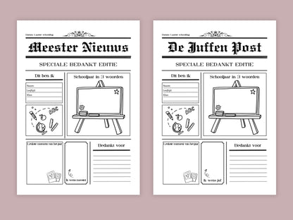 Bedankt juf/meester einde schooljaar printbare set, bedankje leerkracht, invulpagina krant, Kaartjes & Labels, A4, PDF, cool bedankje om te knutselen