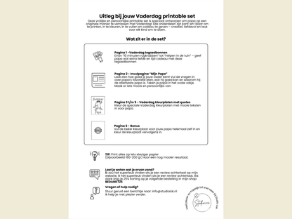 Vaderdag Cadeau Printable Set | Tegoedbonnen, Kleurplaten & Invulblad