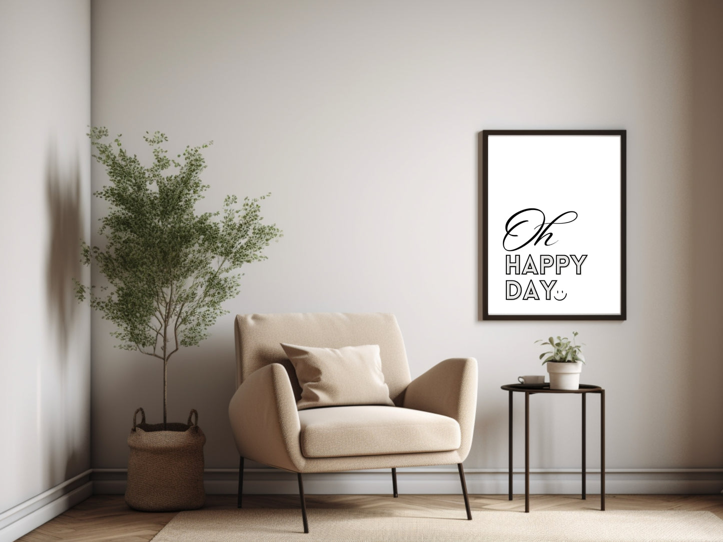 Printbare Poster 'Oh Happy Day' | Minimalistische Typografie in Zwart en Grijs - Digitale Download in Meerdere Formaten