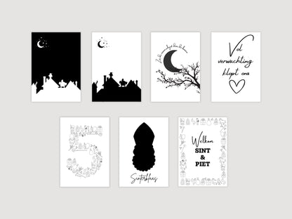 Set van 7 Printbare Sinterklaas Posters | Minimalistische Zwart-Wit Posters voor Ieder Interieur - Monochrome Sinterklaas Decor in Meerdere Formaten