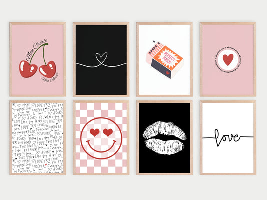 27 Printbare Posters met thema Liefde, In de kleuren zwart, wit, roze en rood.