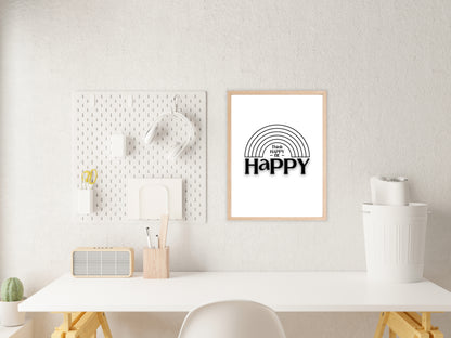 Think Happy Be Happy Poster, Digitale Download, Quote Typografie Poster in 5 verschillende maten