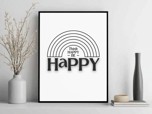 Think Happy Be Happy Poster, Digitale Download, Quote Typografie Poster in 5 verschillende maten