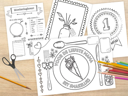 Moederdag Printable Knutselpakket – A4 en A3 formaat, Krant, Medaille, Placemat & teken je eigen bloemen kleurplaat, pdf en png