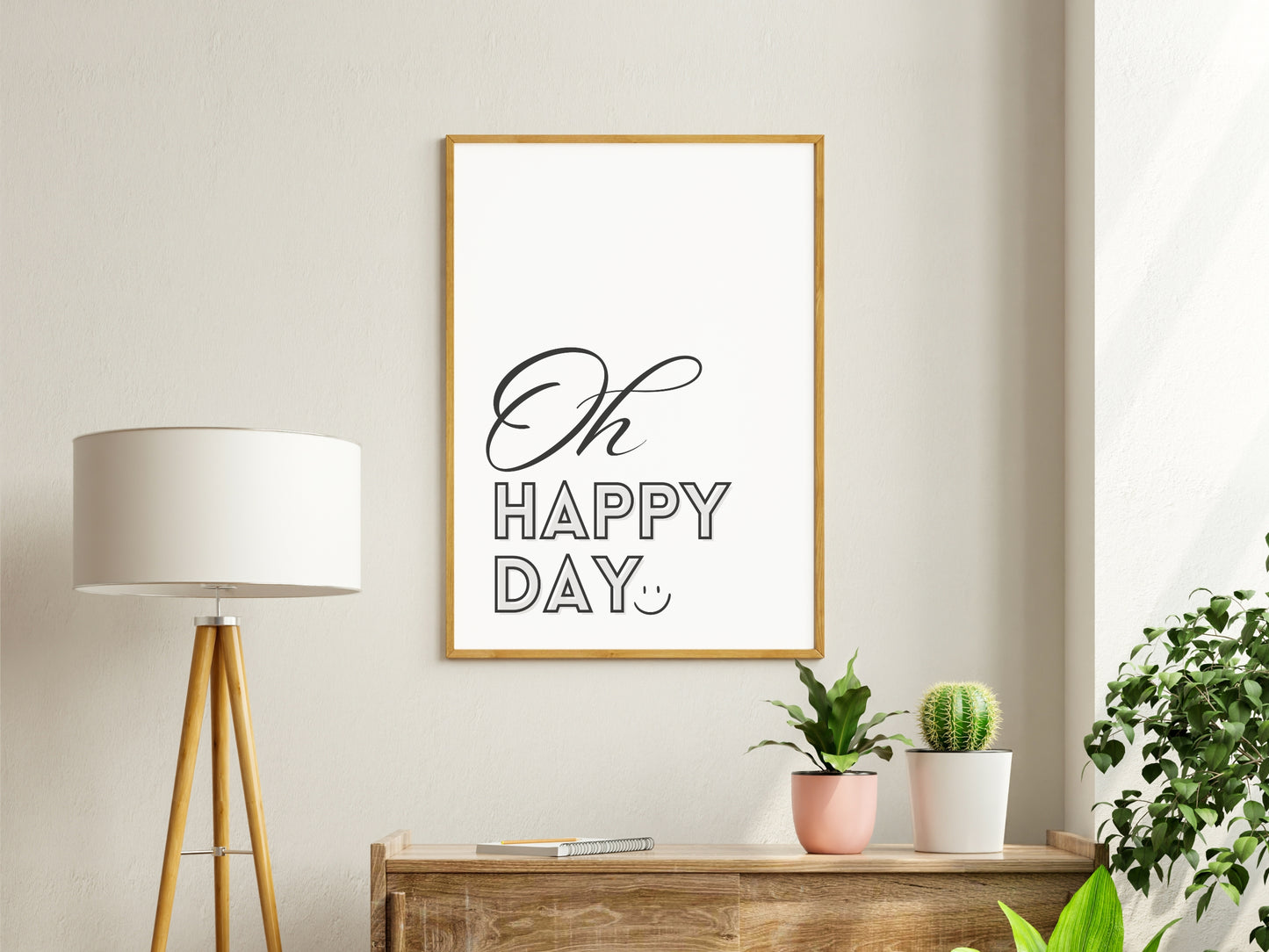 Printbare Poster 'Oh Happy Day' | Minimalistische Typografie in Zwart en Grijs - Digitale Download in Meerdere Formaten