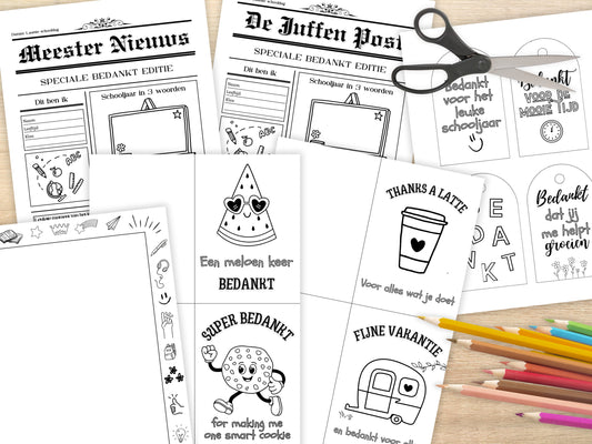 Bedankt juf/meester einde schooljaar printbare set, bedankje leerkracht, invulpagina krant, Kaartjes & Labels, A4, PDF, cool bedankje om te knutselen