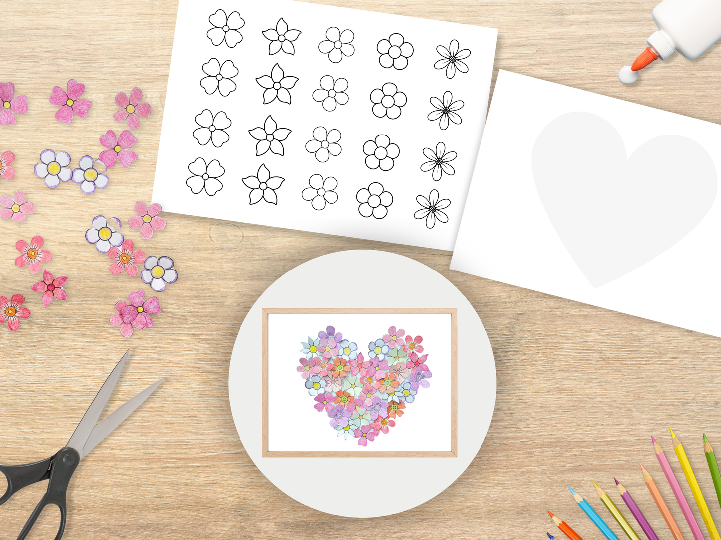 3D Bloemenhart Wanddecoratie, DIY papieren hart met bloemen (A4 PDF & PNG)