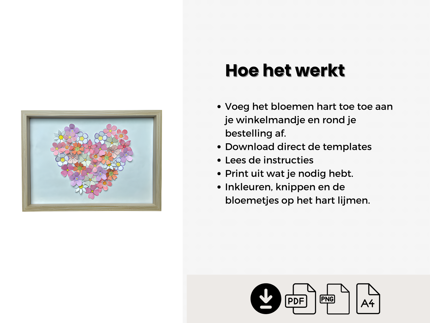 3D Bloemenhart Wanddecoratie, DIY papieren hart met bloemen (A4 PDF & PNG)