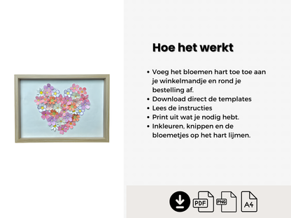 3D Bloemenhart Wanddecoratie, DIY papieren hart met bloemen (A4 PDF & PNG)