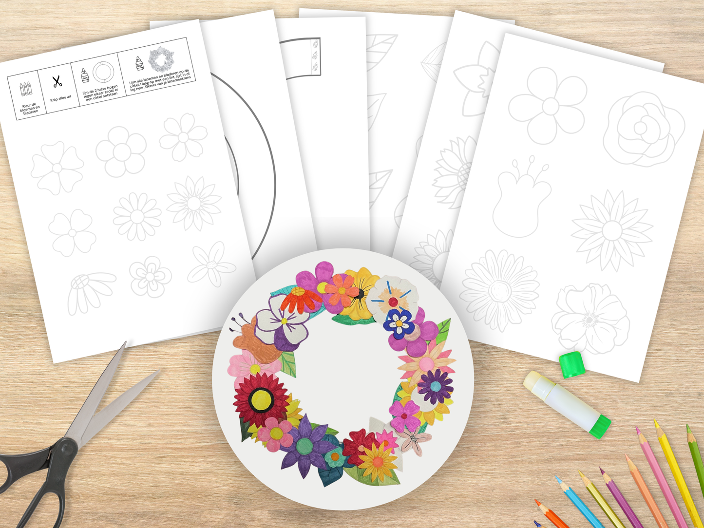 Papieren Bloemenkrans Printable – DIY Knutselpakket om te Kleuren & Knippen | Creatieve Decoratie voor Pasen & Lente (A4 PDF & PNG)
