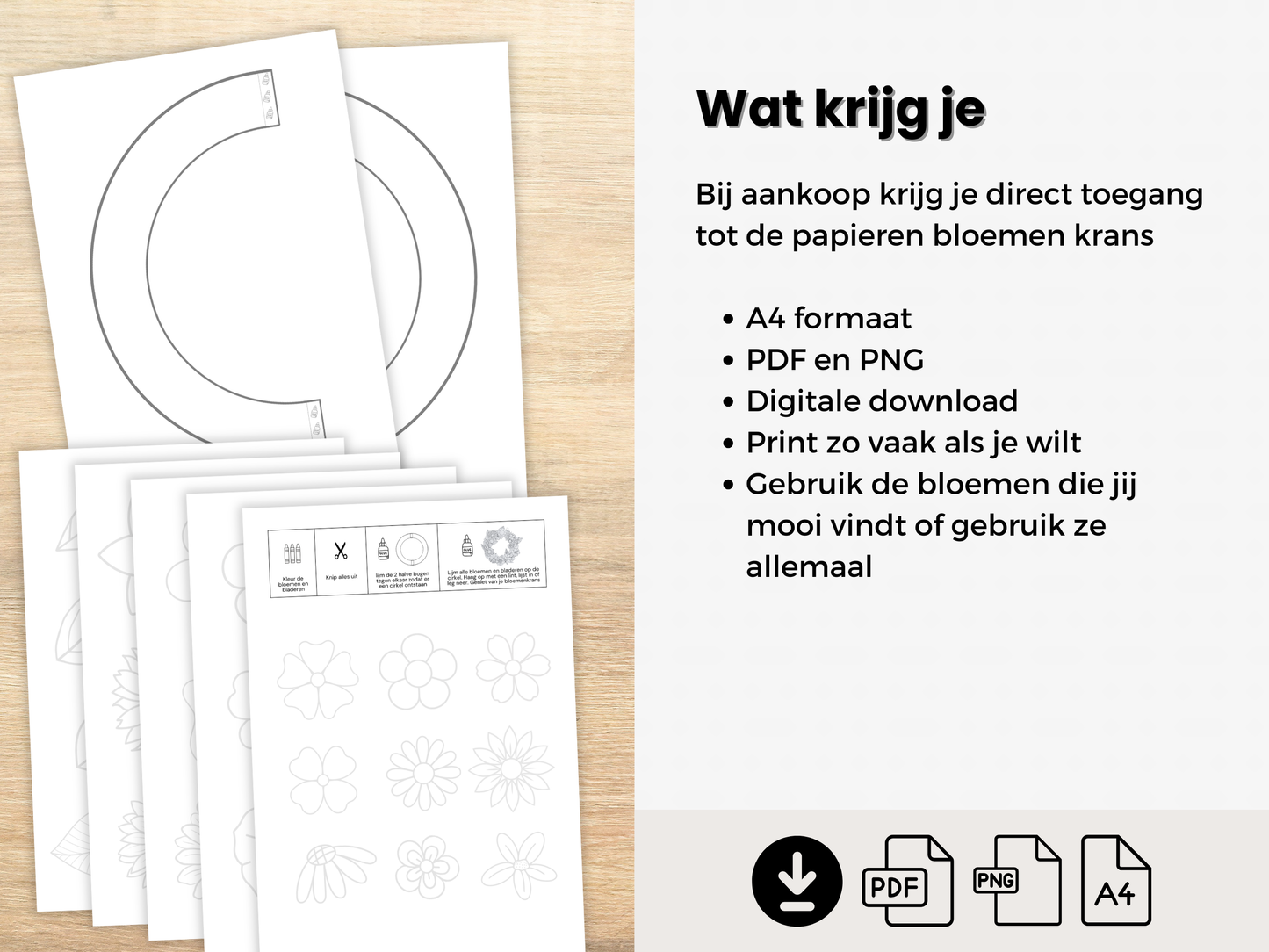 Papieren Bloemenkrans Printable – DIY Knutselpakket om te Kleuren & Knippen | Creatieve Decoratie voor Pasen & Lente (A4 PDF & PNG)