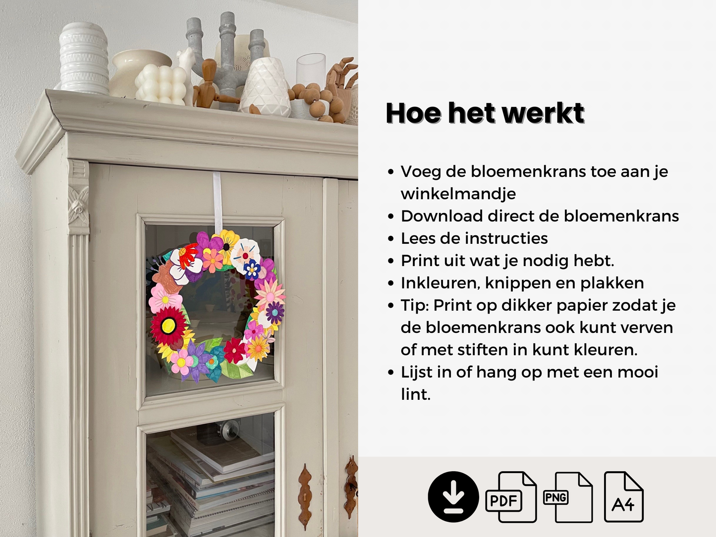 Papieren Bloemenkrans Printable – DIY Knutselpakket om te Kleuren & Knippen | Creatieve Decoratie voor Pasen & Lente (A4 PDF & PNG)