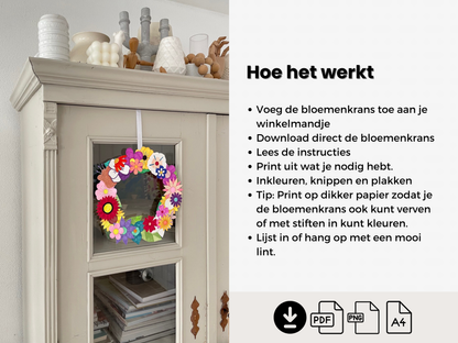 Papieren Bloemenkrans Printable – DIY Knutselpakket om te Kleuren & Knippen | Creatieve Decoratie voor Pasen & Lente (A4 PDF & PNG)