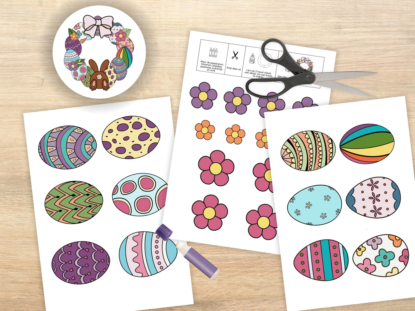 DIY Paaskrans Knutselset – Printbare Papieren Krans (PDF & PNG) – Print, Kleur, Knip & Maak – Leuke Activiteit voor het Hele Gezin + BONUS Gekleurde Paaskrans Inbegrepen