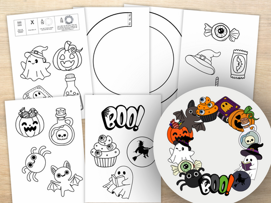 Printable Halloween Krans Knutselset, DIY Halloween set om in te kleuren, knippen & ophangen, Halloween decoratie voor kinderen & gezin