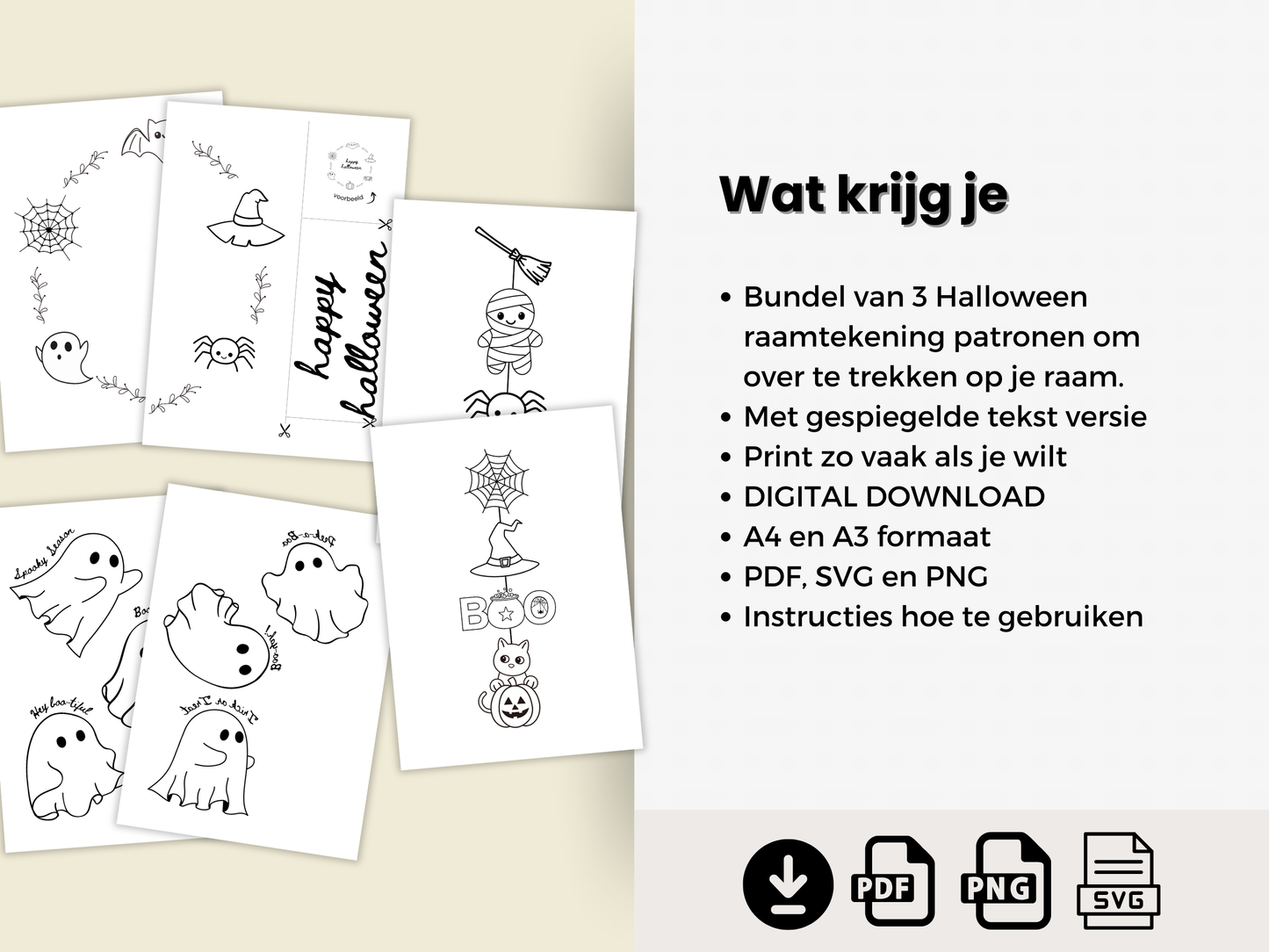 Halloween Raamtekening Sjablonen 3 stuks, gewoon en gespiegeld. PDF, SVG, PNG, A4, A3