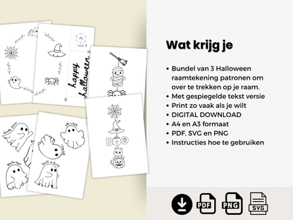 Halloween Raamtekening Sjablonen 3 stuks, gewoon en gespiegeld. PDF, SVG, PNG, A4, A3
