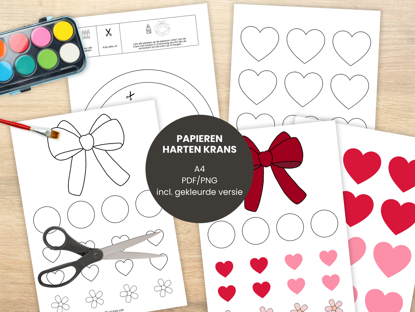 Papieren Hartenkrans, DIY krans knutselen met hartjes (A4 PDF & PNG, incl. gekleurde versie)