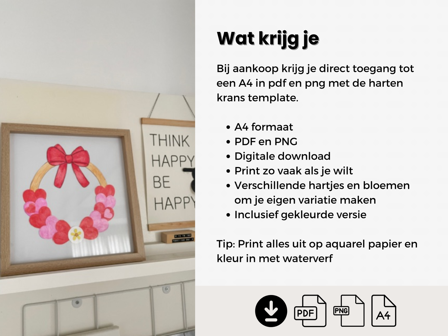 Papieren Hartenkrans, DIY krans knutselen met hartjes (A4 PDF & PNG, incl. gekleurde versie)