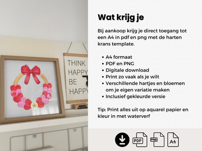 Papieren Hartenkrans, DIY krans knutselen met hartjes (A4 PDF & PNG, incl. gekleurde versie)