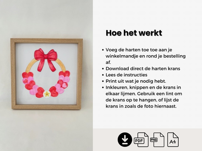 Papieren Hartenkrans, DIY krans knutselen met hartjes (A4 PDF & PNG, incl. gekleurde versie)