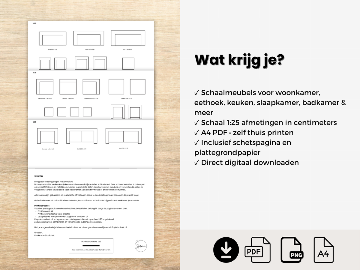 Plan je Tiny House of kleine ruimte met printbare schaalmeubels 1:25. Voor woonkamer, keuken, slaapkamer, badkamer en meer. A4 PDF download.