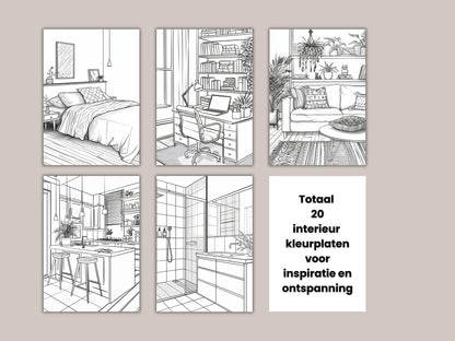 Set van 20 Printbare Interieur Kleurplaten | Woonkamer, Slaapkamer, Keuken & Meer - Ontspanning en Inspiratie voor Thuis in A4 Formaat