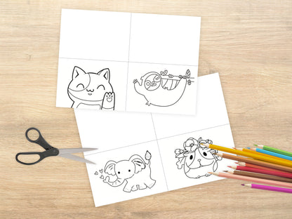 Schattige Dieren Inkleur-Ansichtkaarten Set | Printbare DIY Kaarten met Cavia, Kat, Olifant & Luiaard - Creatieve Kinderactiviteit