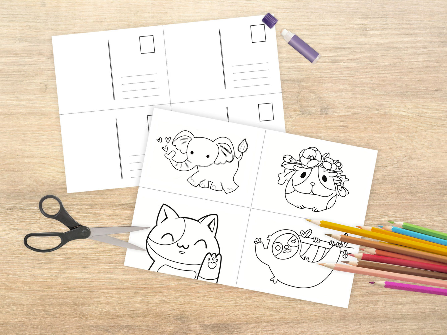 Schattige Dieren Inkleur-Ansichtkaarten Set | Printbare DIY Kaarten met Cavia, Kat, Olifant & Luiaard - Creatieve Kinderactiviteit
