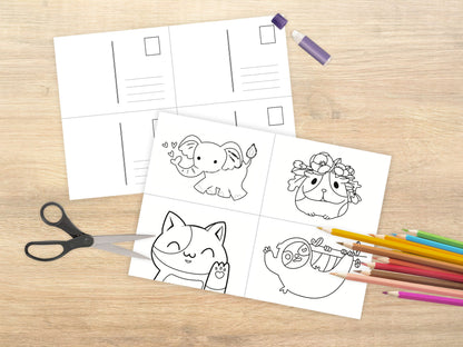 Schattige Dieren Inkleur-Ansichtkaarten Set | Printbare DIY Kaarten met Cavia, Kat, Olifant & Luiaard - Creatieve Kinderactiviteit