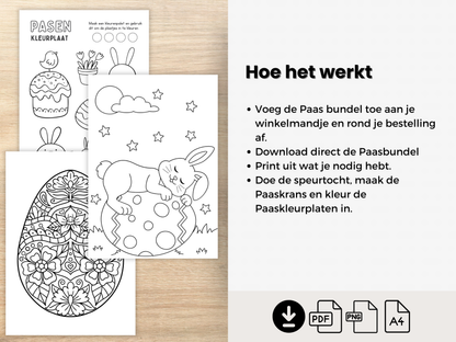 Pasen Activiteiten Bundel Kinderen, Speurtocht, Knutsel Paaskrans & Kleurplaten. Direct Downloaden en gebruiken