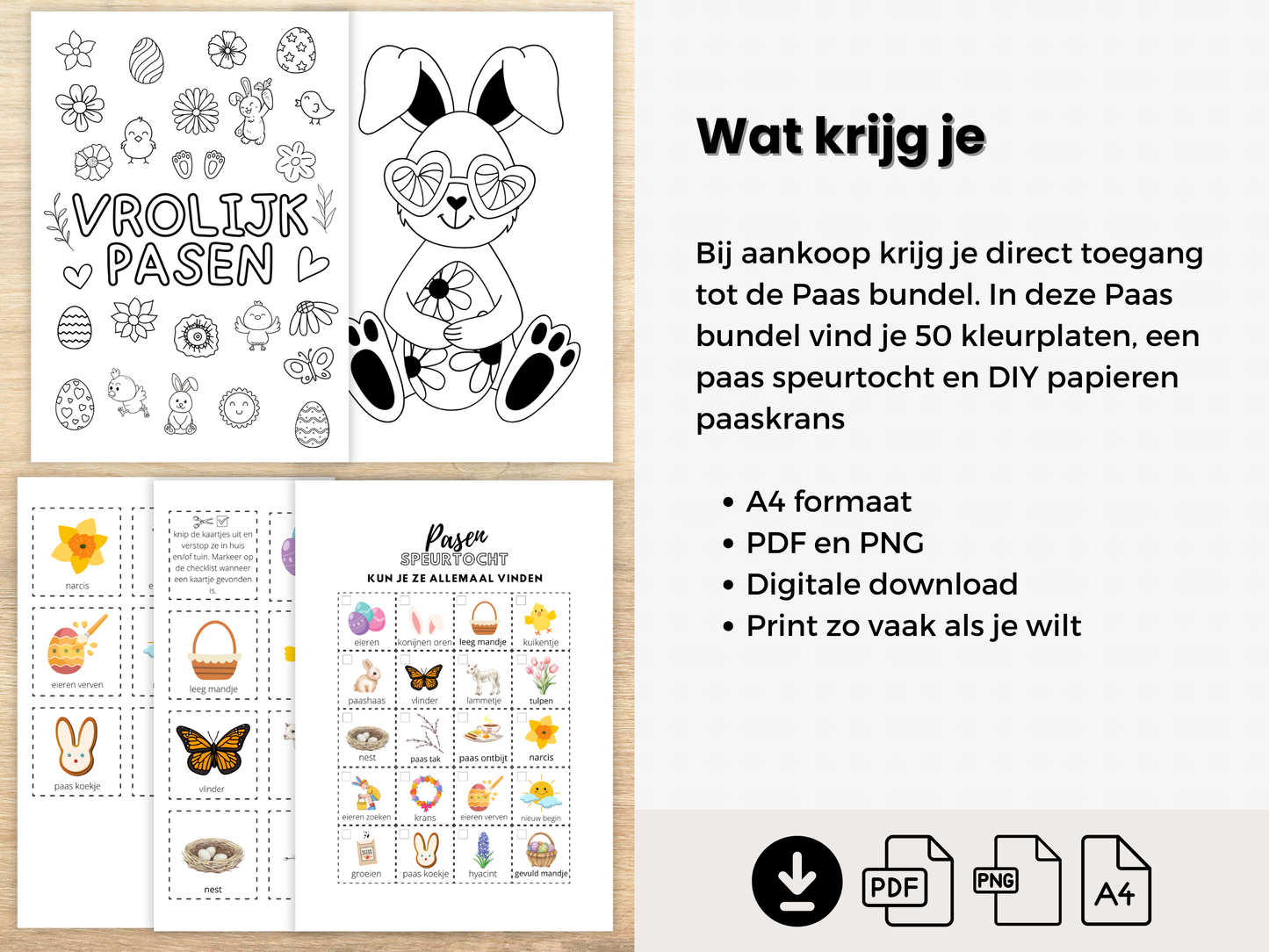 Pasen Activiteiten Bundel Kinderen, Speurtocht, Knutsel Paaskrans & Kleurplaten. Direct Downloaden en gebruiken
