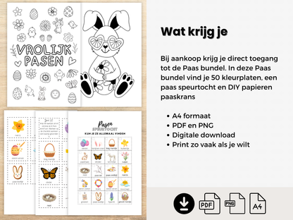 Pasen Activiteiten Bundel Kinderen, Speurtocht, Knutsel Paaskrans & Kleurplaten. Direct Downloaden en gebruiken