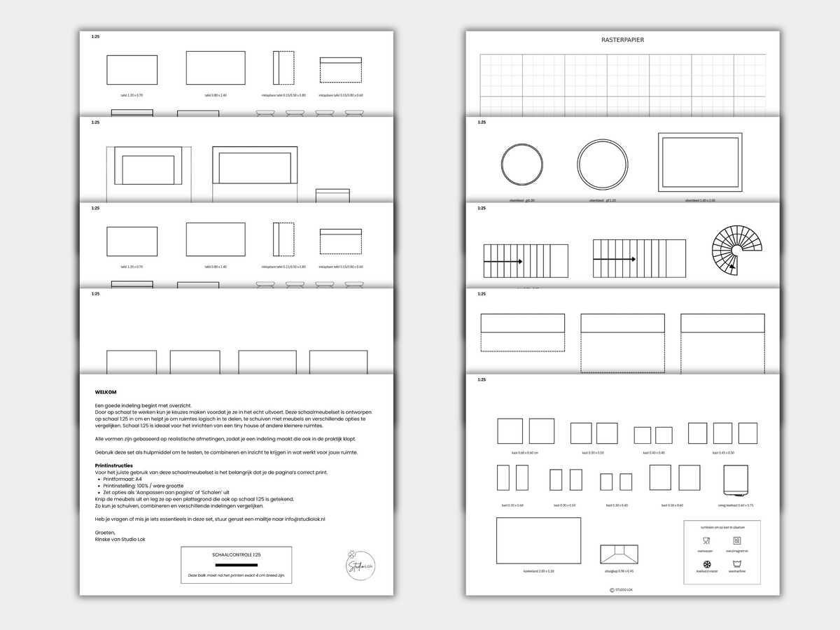 Plan je Tiny House of kleine ruimte met printbare schaalmeubels 1:25. Voor woonkamer, keuken, slaapkamer, badkamer en meer. A4 PDF download.