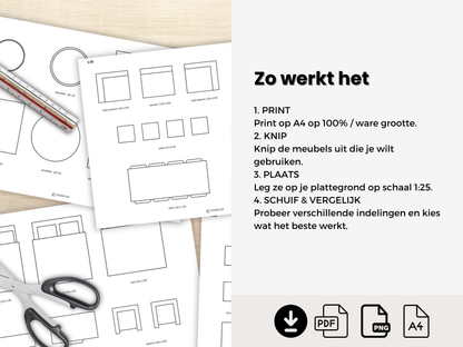 Plan je Tiny House of kleine ruimte met printbare schaalmeubels 1:25. Voor woonkamer, keuken, slaapkamer, badkamer en meer. A4 PDF download.
