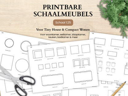 Plan je Tiny House of kleine ruimte met printbare schaalmeubels 1:25. Voor woonkamer, keuken, slaapkamer, badkamer en meer. A4 PDF download.