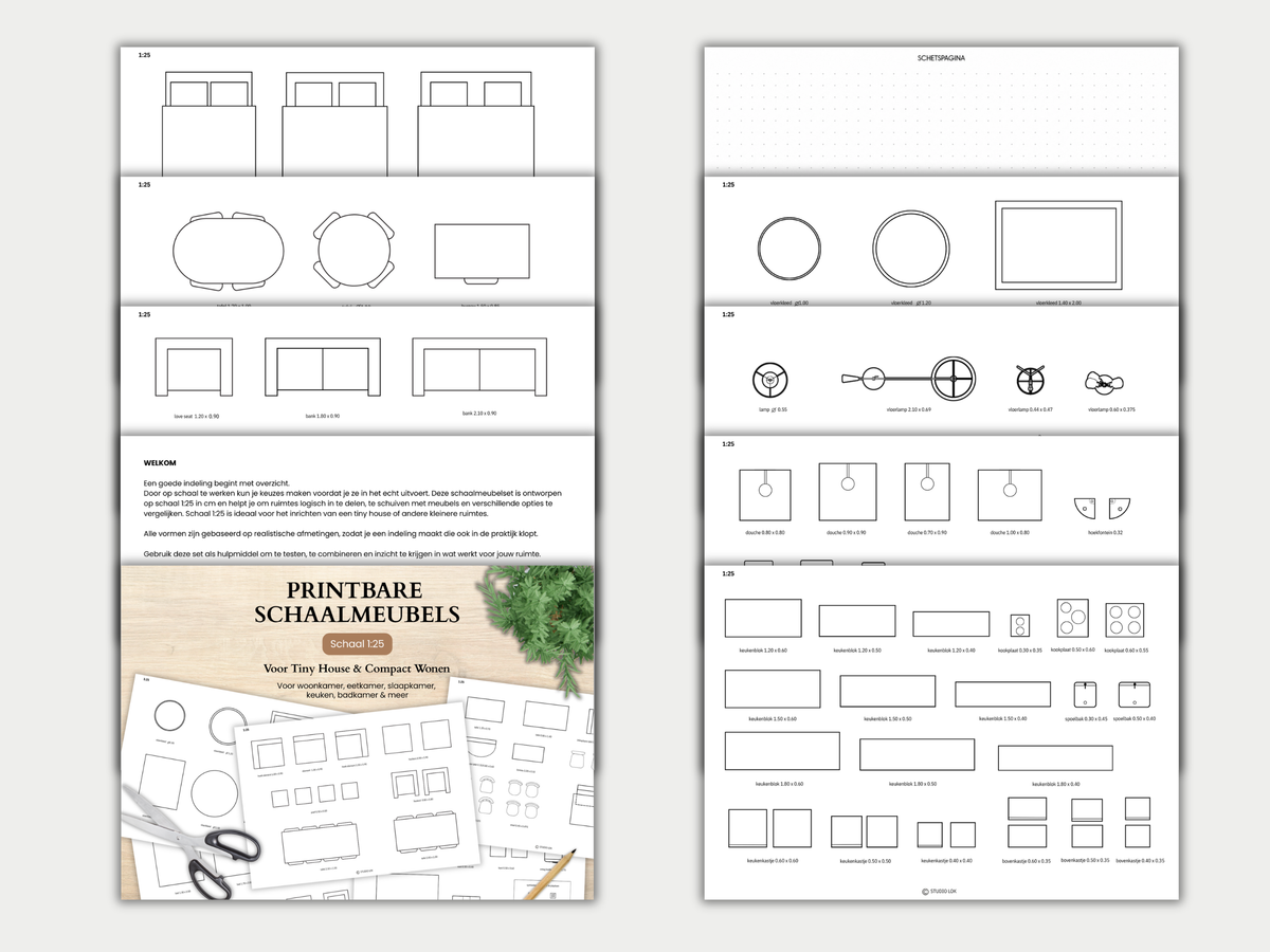 Plan je Tiny House of kleine ruimte met printbare schaalmeubels 1:25. Voor woonkamer, keuken, slaapkamer, badkamer en meer. A4 PDF download.