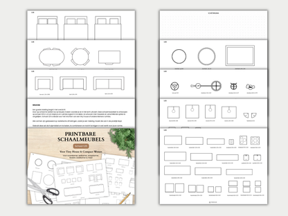 Plan je Tiny House of kleine ruimte met printbare schaalmeubels 1:25. Voor woonkamer, keuken, slaapkamer, badkamer en meer. A4 PDF download.