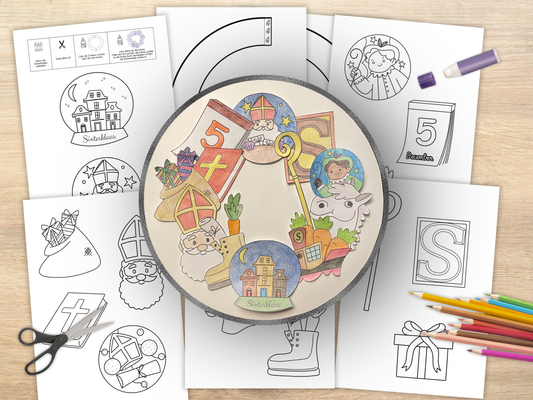 Printable Sinterklaas Krans Knutselset, DIY Sint & Piet set om in te kleuren, knippen & ophangen, Sinterklaas decoratie voor kinderen & gezin