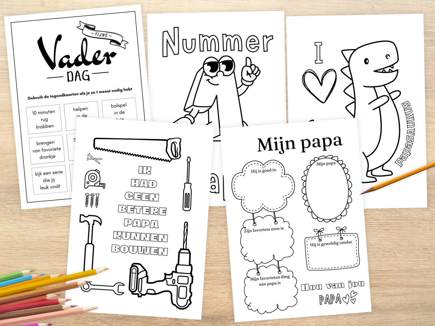 Vaderdag Cadeau Printable Set | Tegoedbonnen, Kleurplaten & Invulblad
