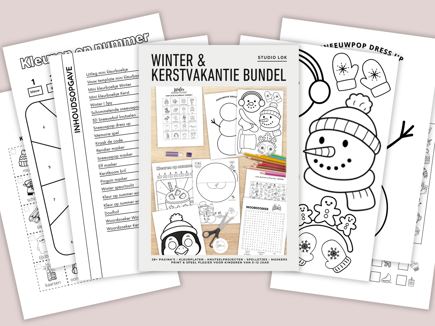 Winter & Kerstvakantie kids activiteiten bundel – printbare kleurplaten, spelletjes en knutselprojecten (A4).
