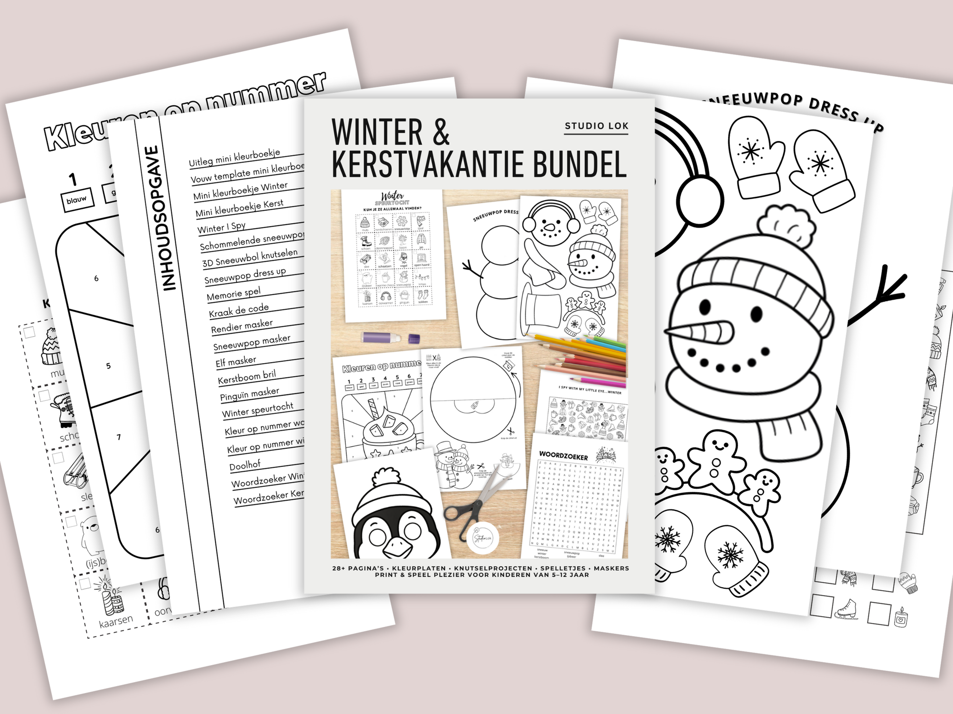 Winter & Kerstvakantie kids activiteiten bundel – printbare kleurplaten, spelletjes en knutselprojecten (A4).