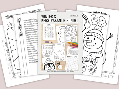 Winter & Kerstvakantie kids activiteiten bundel – printbare kleurplaten, spelletjes en knutselprojecten (A4).
