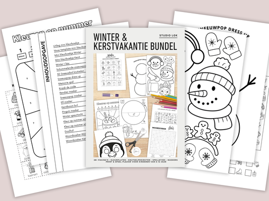 Winter & Kerstvakantie kids activiteiten bundel – printbare kleurplaten, spelletjes en knutselprojecten (A4).