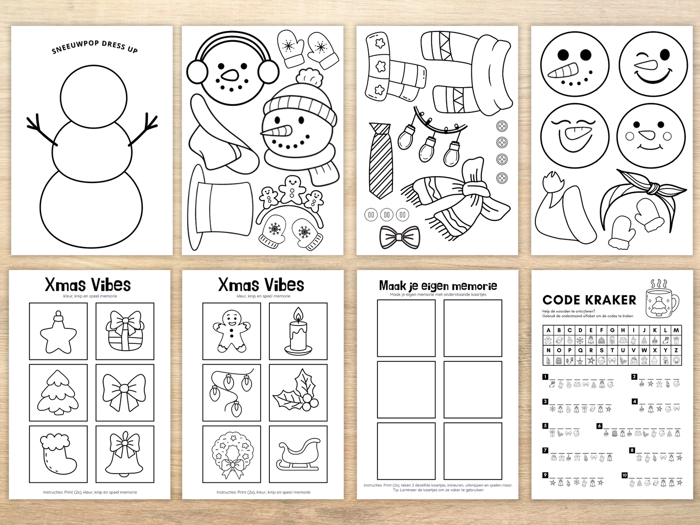 Sneeuwpop dress-up printable met winter accessoires.