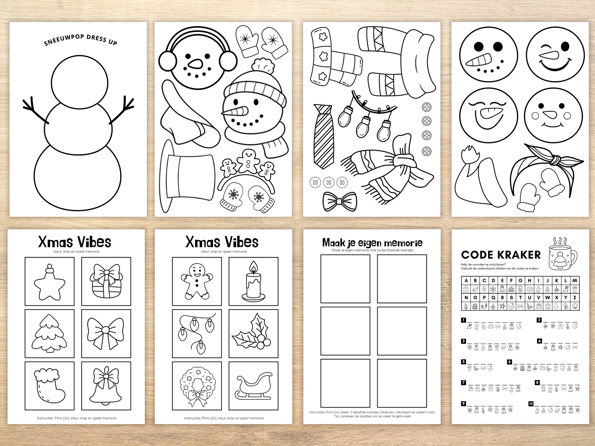 Sneeuwpop dress-up printable met winter accessoires.