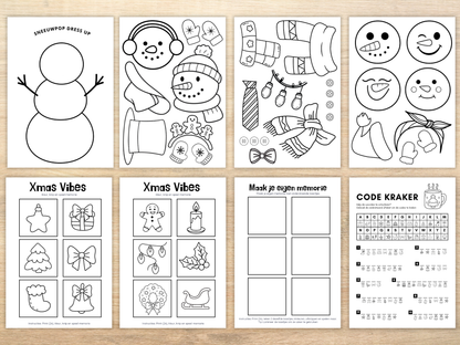 Sneeuwpop dress-up printable met winter accessoires.